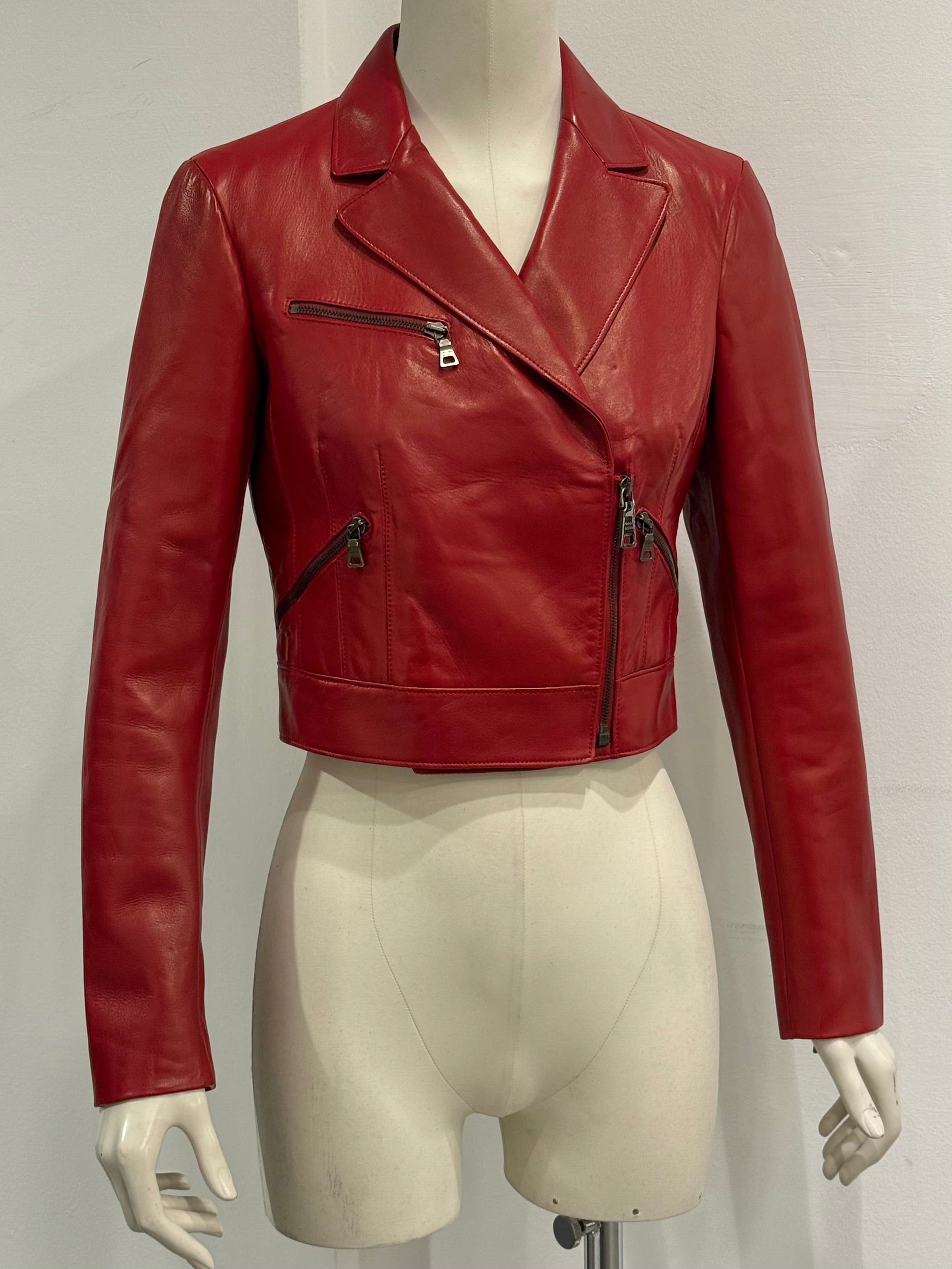 2000s Prada red biker leather jacket