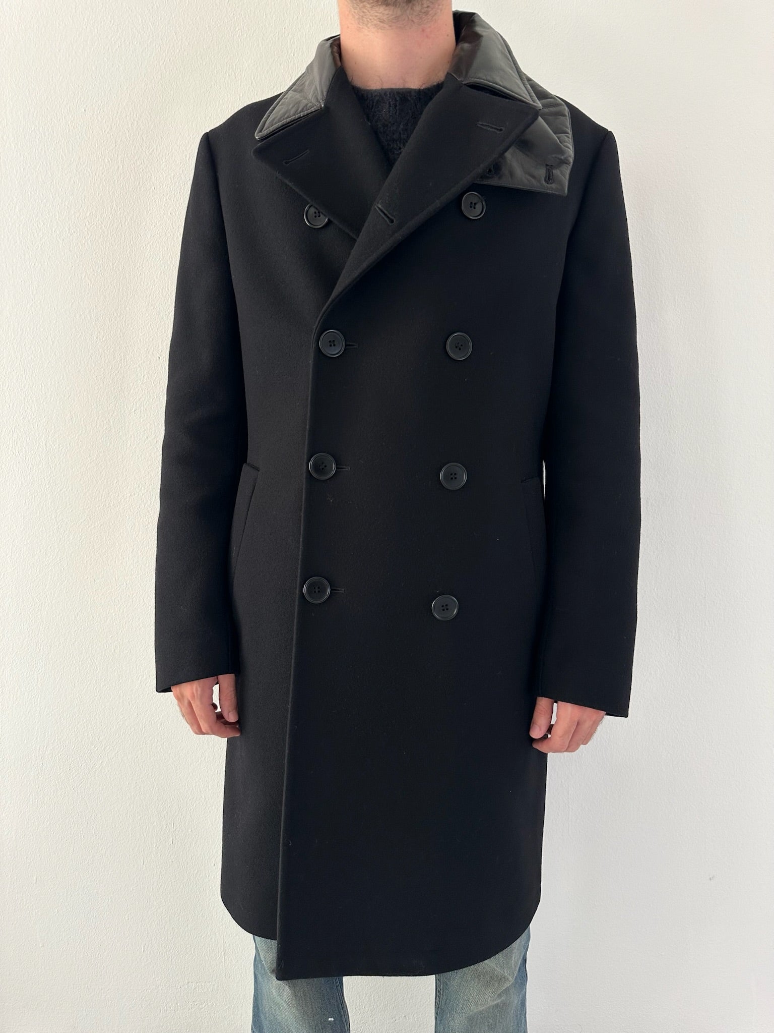 AW2001 Helmut Lang double breasted leather mask coat