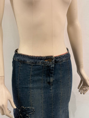 F/W2002 Roberto Cavalli floral tattoo embroidered denim skirt