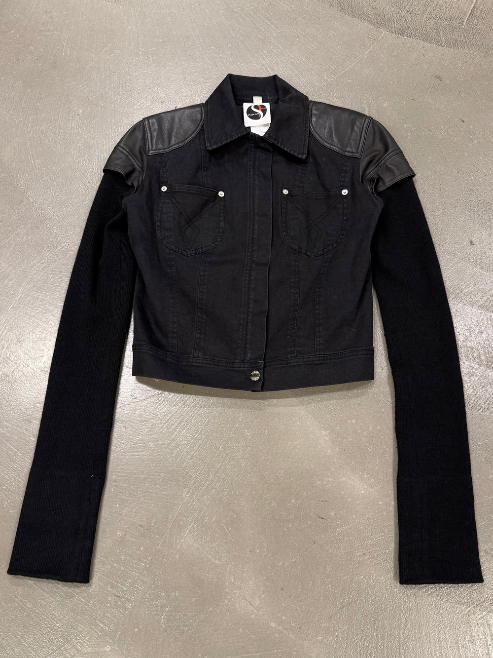2000s Plein Sud hybrid biker denim jacket with leather shoulders