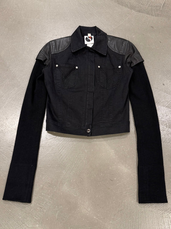 2000s Plein Sud hybrid biker denim jacket with leather shoulders
