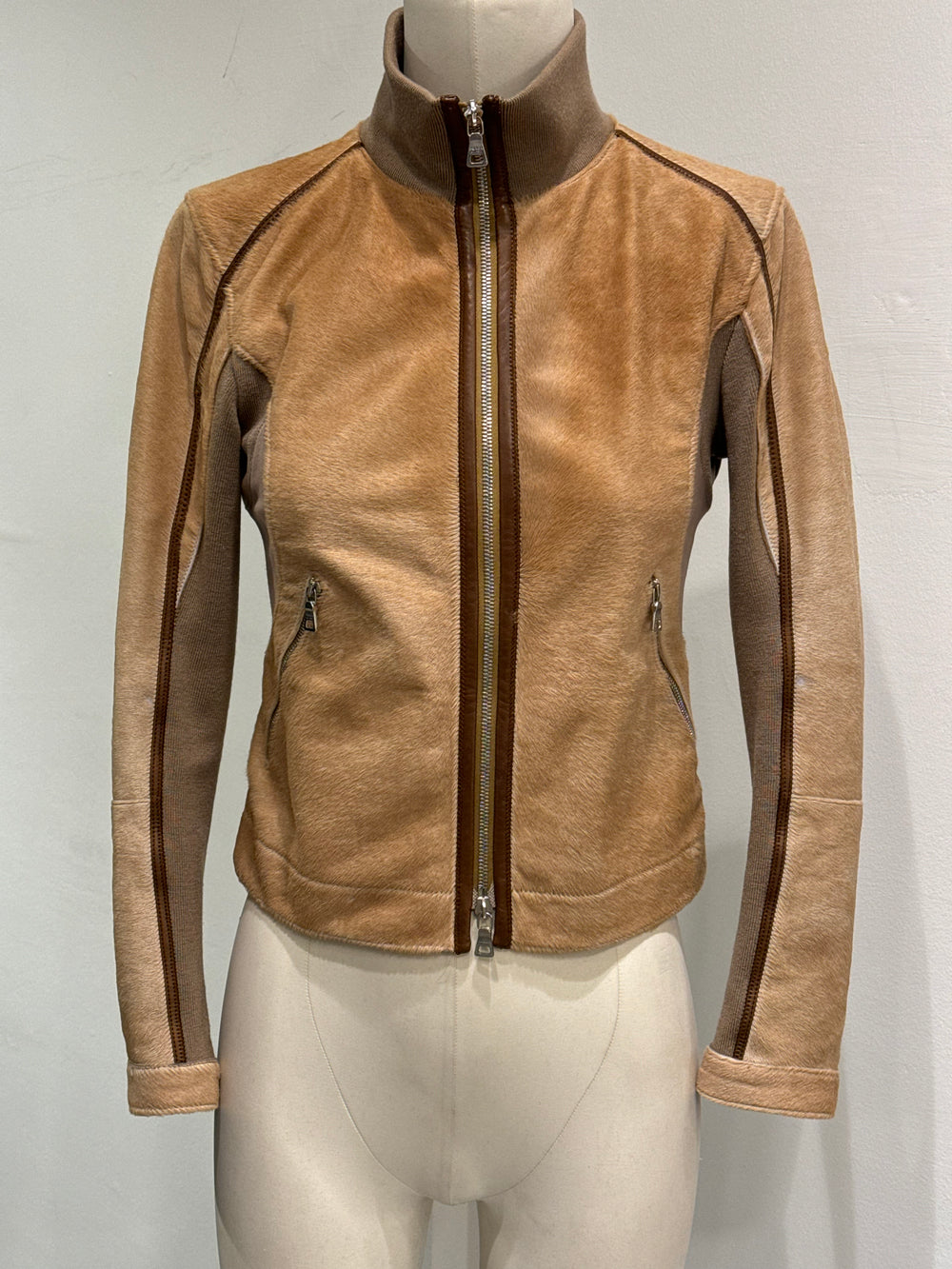 2000s Prada pony hair hybrid leather biker jacket