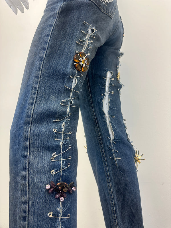 S/S 2001 Dolce & Gabbana safety pin punk jeans with broches