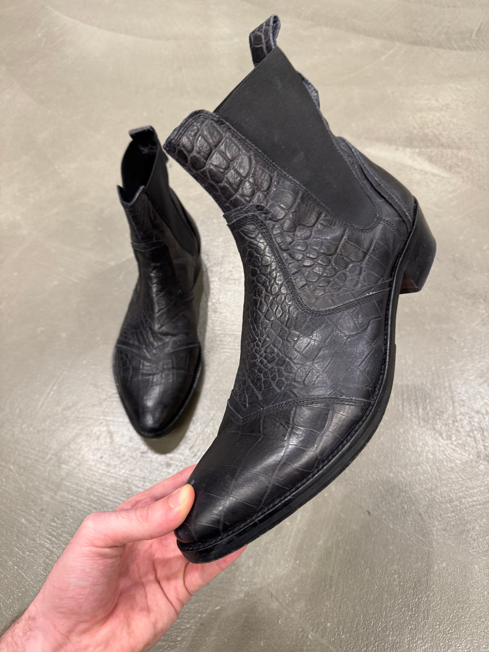 2000s Cavalli faux crocodile leather chelsea leather boots