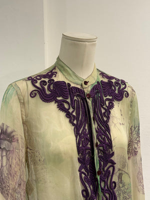 2000s Jean Paul Gaultier printed silk embroidered draped dress