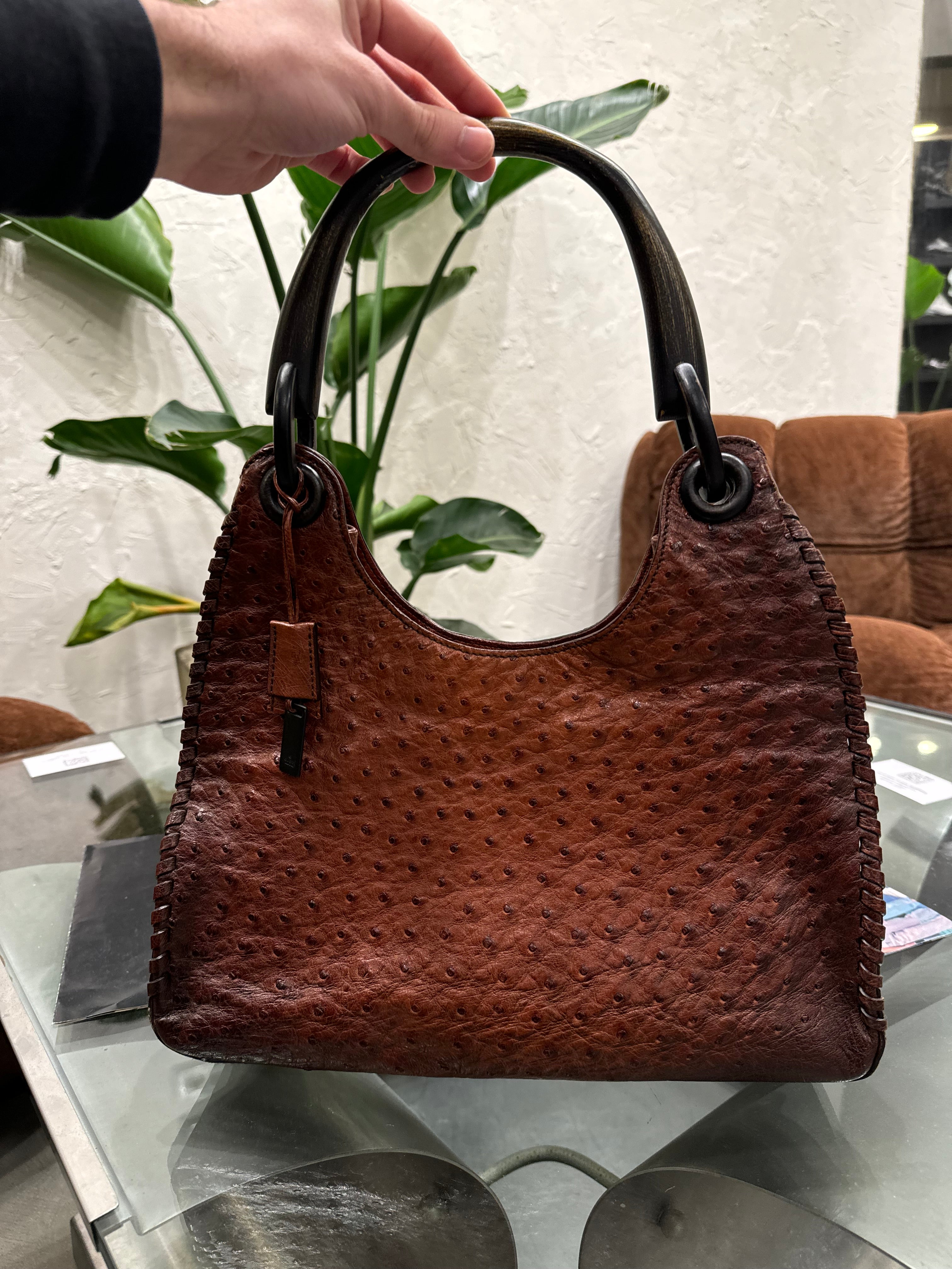 F/W 2002 Gucci by Tom Ford Genuine Ostrich Leather Wood Top Handle Bag