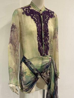 2000s Jean Paul Gaultier printed silk embroidered draped dress