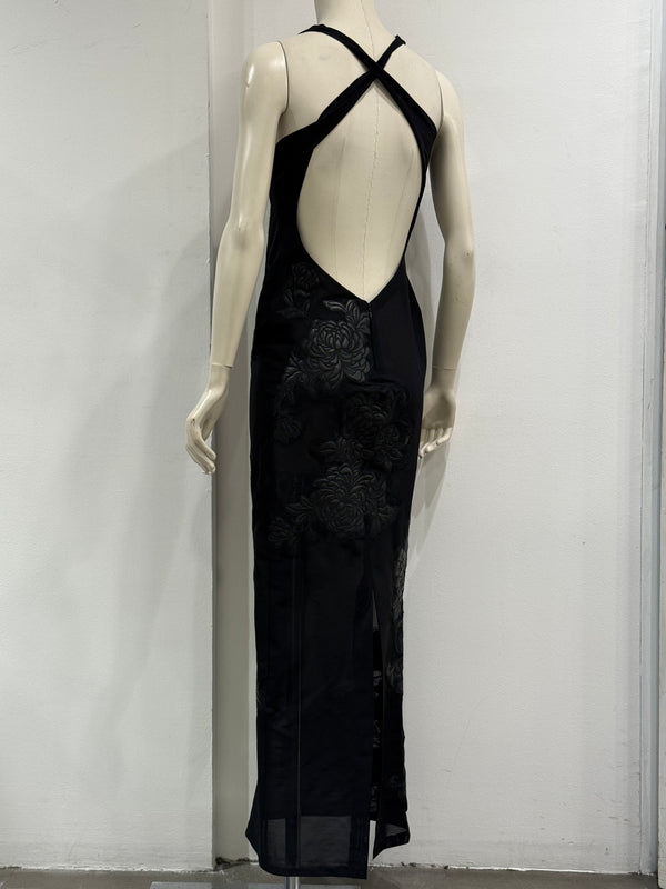 A/W2002 Roberto Cavalli runway leather floral patches sheer dress