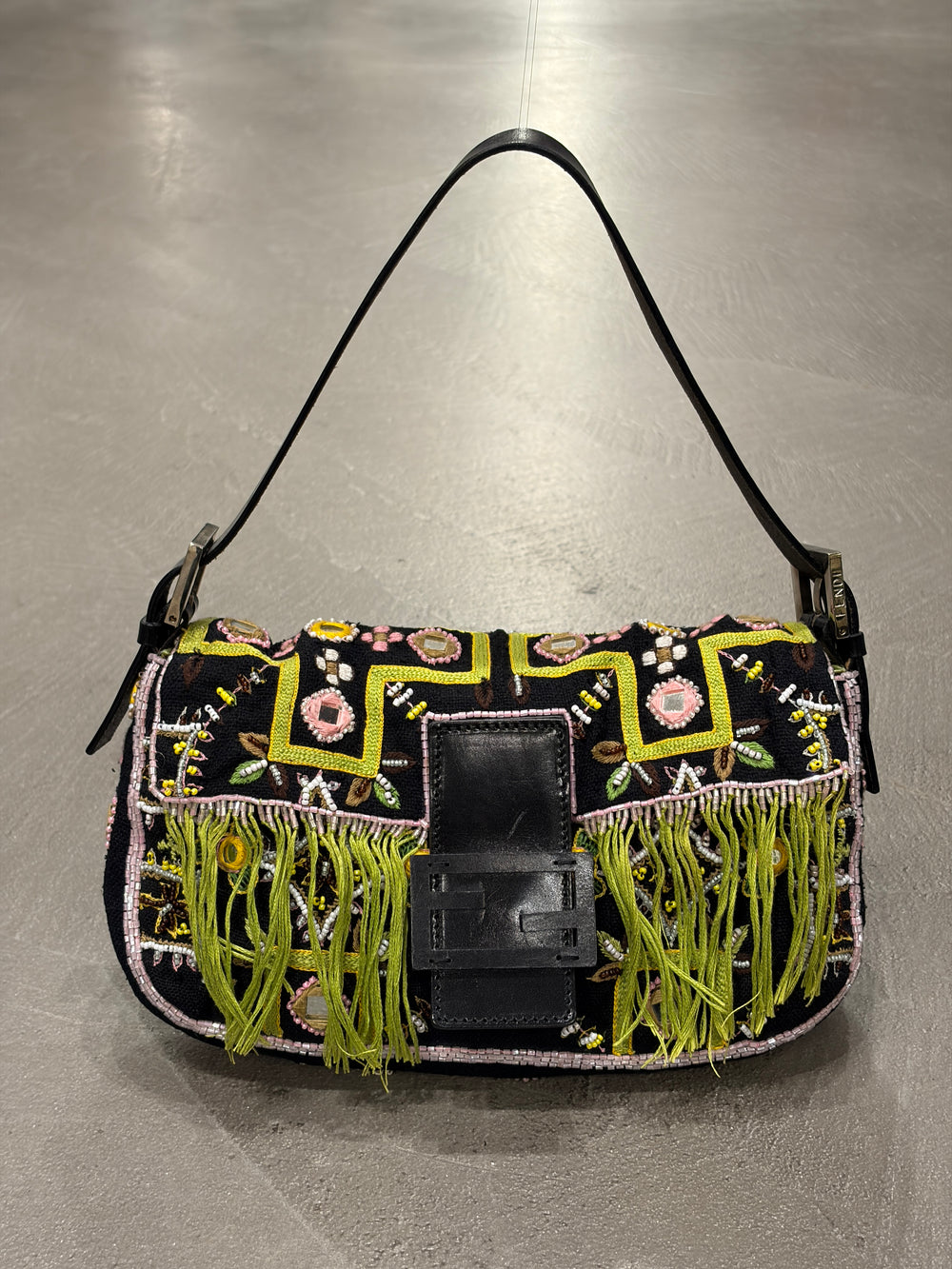 S/S1999 Fendi beaded fringe mirror-embellished baguette shoulder bag