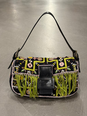 S/S1999 Fendi beaded fringe mirror-embellished baguette shoulder bag