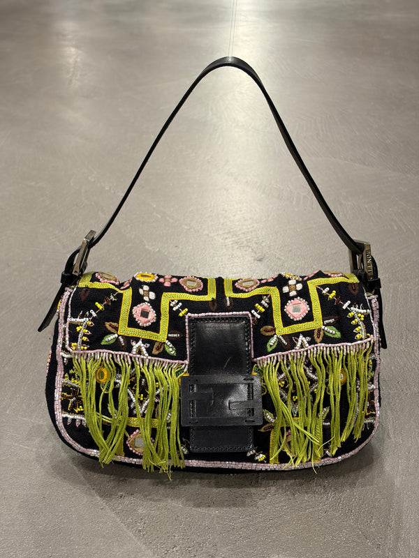S/S1999 Fendi beaded fringe mirror-embellished baguette shoulder bag