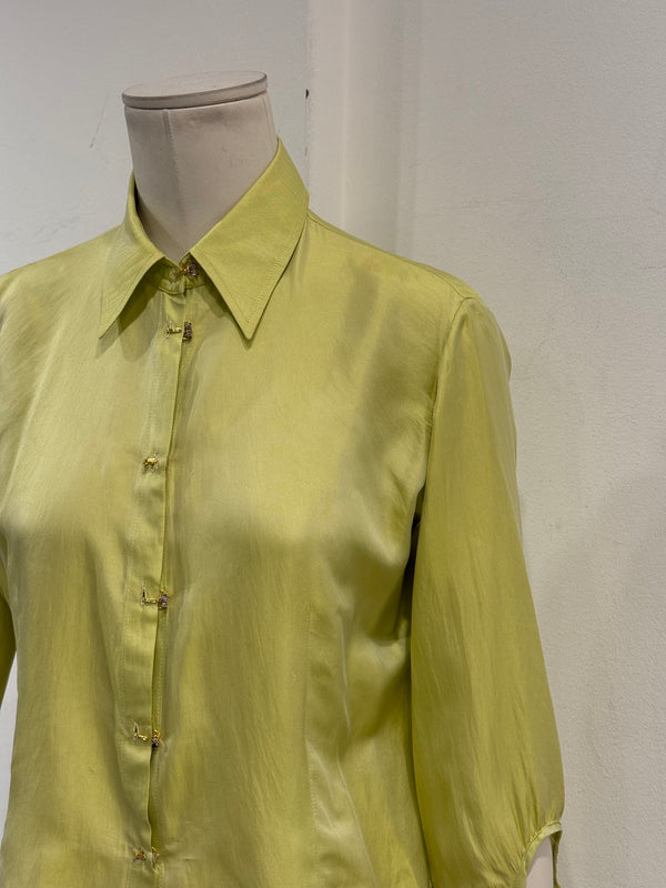 2000s Roberto Cavalli lime green silk shirt with flared cuffs
