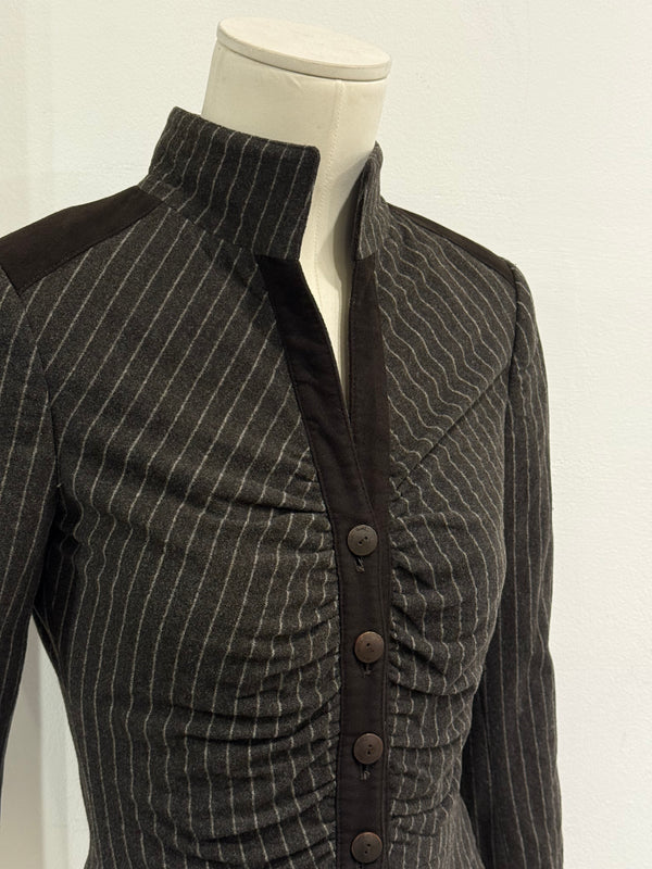 2000s Roberto Cavalli structured ruched velvet trim stiped jacket