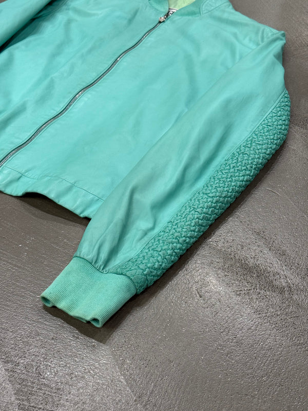 1990s Gianni Versace turqoise woven-sleeve leather bomber jacket