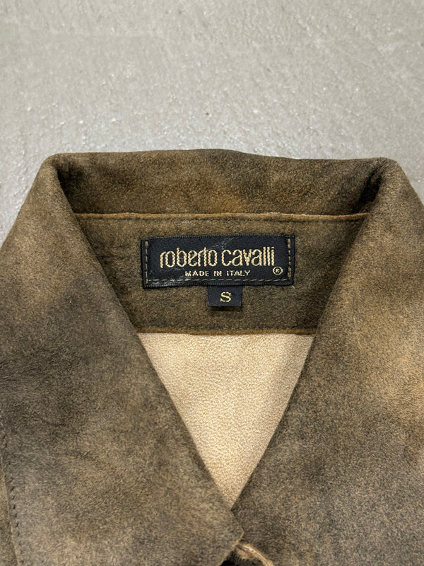 2000s Roberto Cavalli laser-cut distressed leather shirt