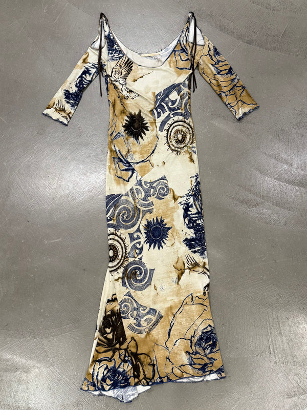 2000s Roberto Cavalli geometric open shoulder long dress