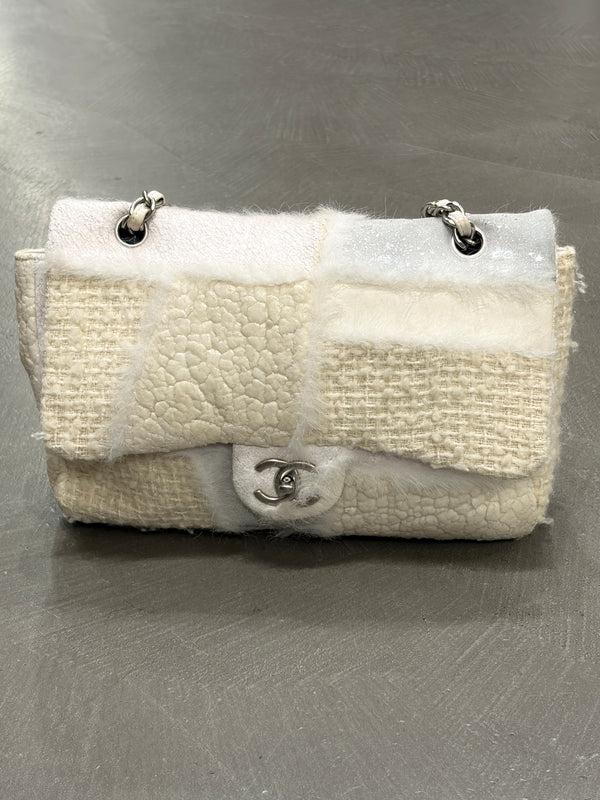 2010 Chanel shearling tweed patchwork big flap bag