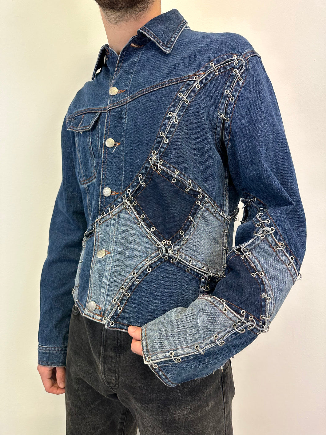 SS2003 Jean Paul Gaultier pierced patchwork reconstructed denim jacket