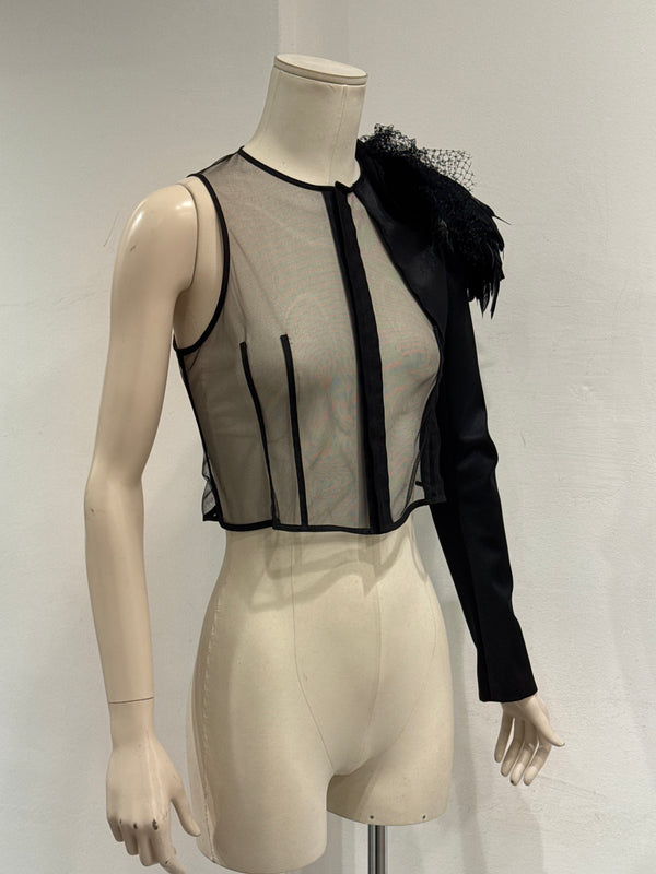 A/W 2004 Comme des Garçons runway feather shoulder mesh top