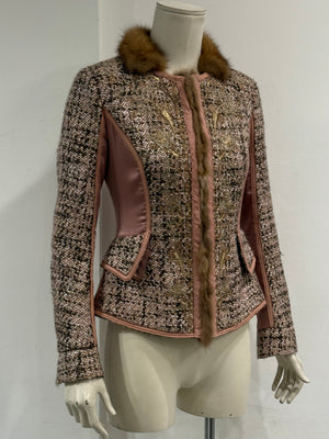 2004 Roberto Cavalli tweed leather fur trim jacket
