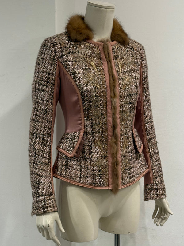 2004 Roberto Cavalli tweed leather fur trim jacket