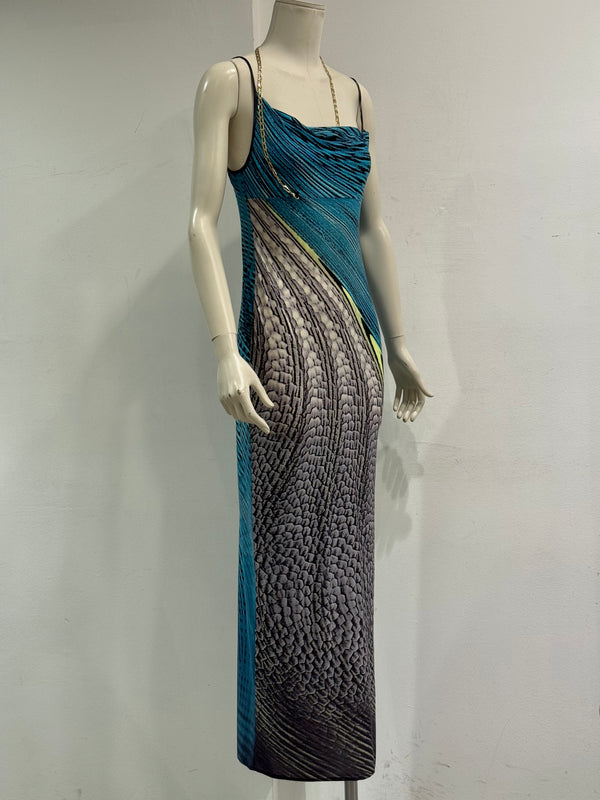 S/S2001 Roberto Cavalli Psychedelic print chain evening dress