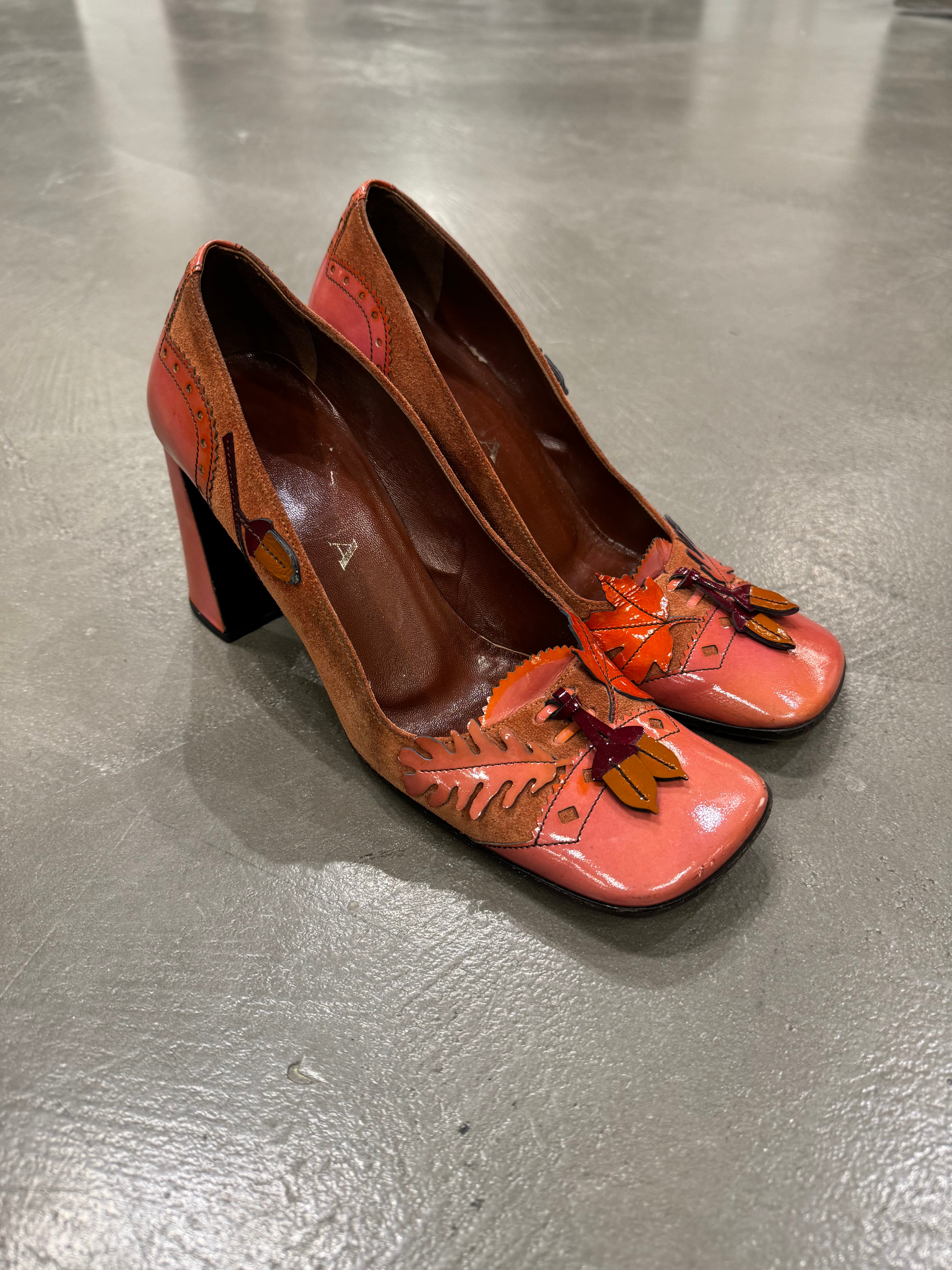 A/W1999 Prada runway acorn and oak leaf suede heels