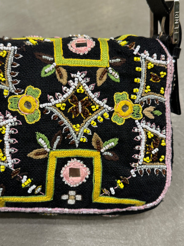 S/S1999 Fendi beaded fringe mirror-embellished baguette shoulder bag