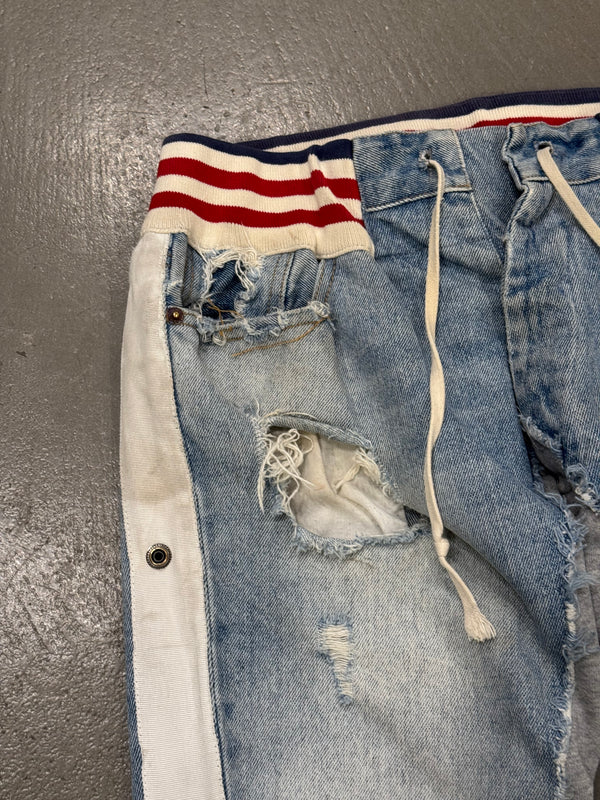 2010s Greg Lauren reconstructed hybrid 50/50 borg denim sweatpants