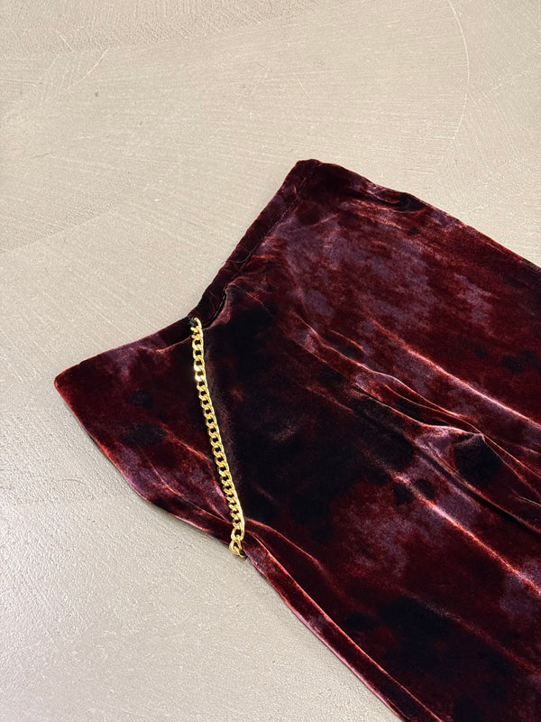 Roberto Cavalli burgundy velvet flared pants with chain detail