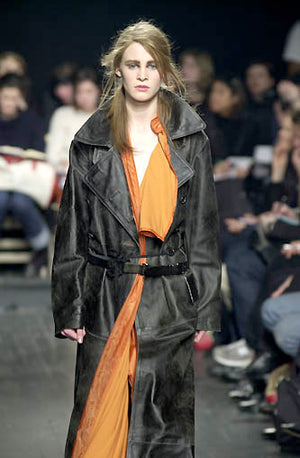 A/W2000 Ann Demeulemeester distressed leather double-breasted belted coat