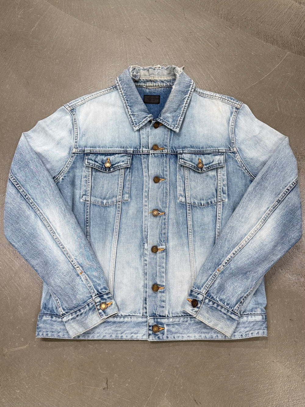 2020 Saint Laurent light wash distressed denim trucker jacket