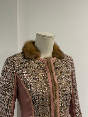 2004 Roberto Cavalli tweed leather fur trim jacket