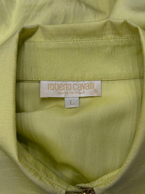2000s Roberto Cavalli lime green silk shirt with flared cuffs