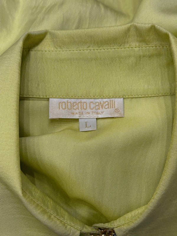 2000s Roberto Cavalli lime green silk shirt with flared cuffs
