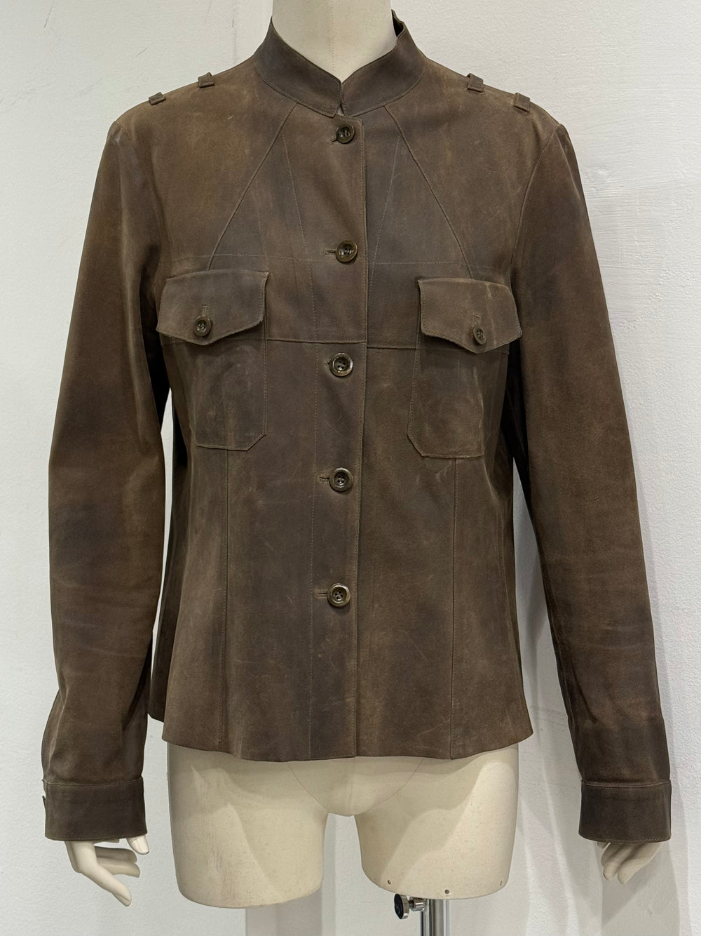 2000s Miu Miu burned distressed military leather jacket