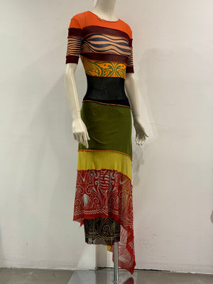 S/S1996 Jean Paul Gaultier runway printed mesh layered maxi dress