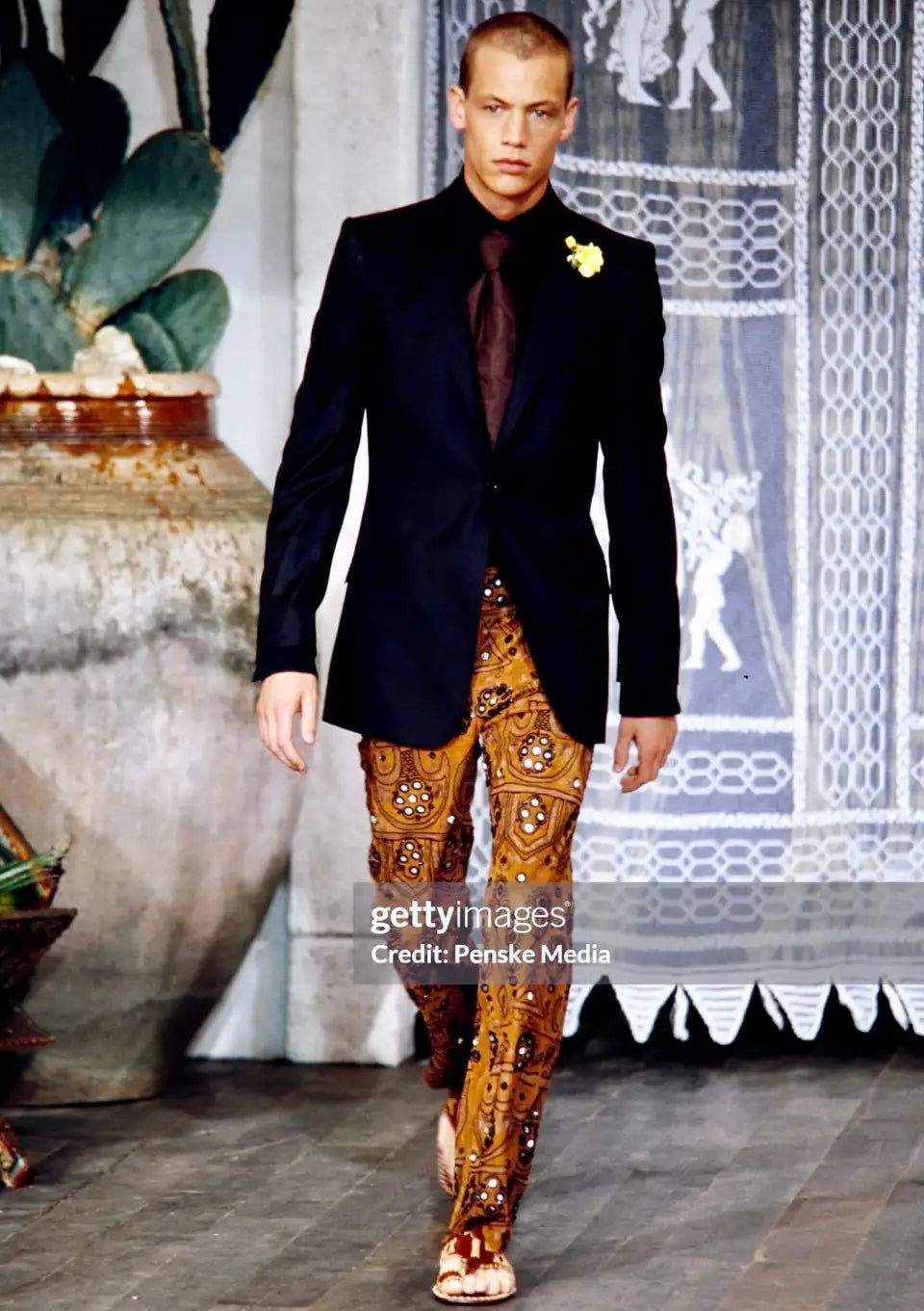 S/S2001 Dolce & Gabbana runway hand-embellished mirrors embroidered leather pants