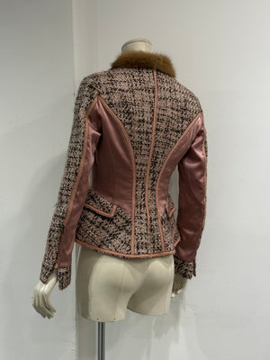 2004 Roberto Cavalli tweed leather fur trim jacket