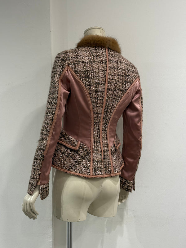 2004 Roberto Cavalli tweed leather fur trim jacket