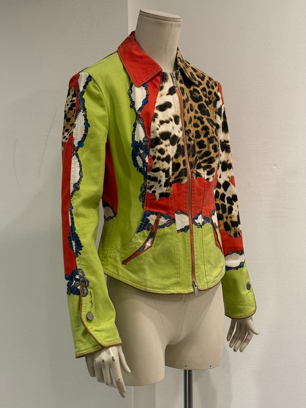 2000s Roberto Cavalli leopard printed patchwork denim jacket