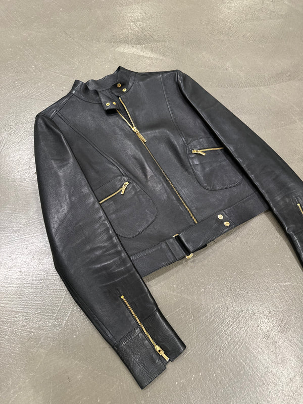 S/S1999 Gucci by Tom Ford fitted black biker leather jacket with gold accents