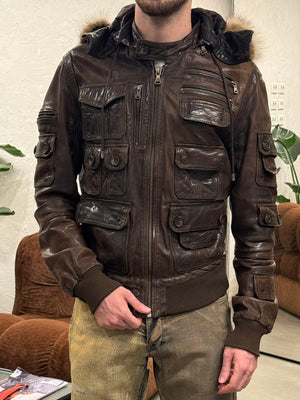 A/W2003 Dolce & Gabbana coyote fur multi-pockets cargo leather jacket
