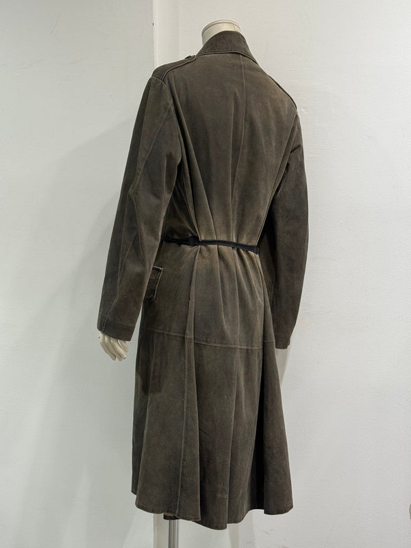 2002 Ann Demeulemeester distressed leather double-breasted belted coat