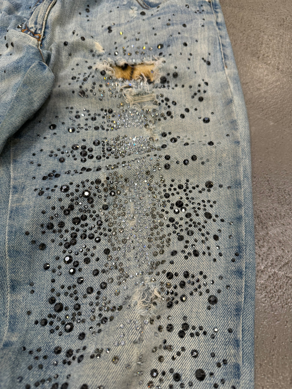 Roberto Cavalli distressed leopard patch glitter embellished jeans