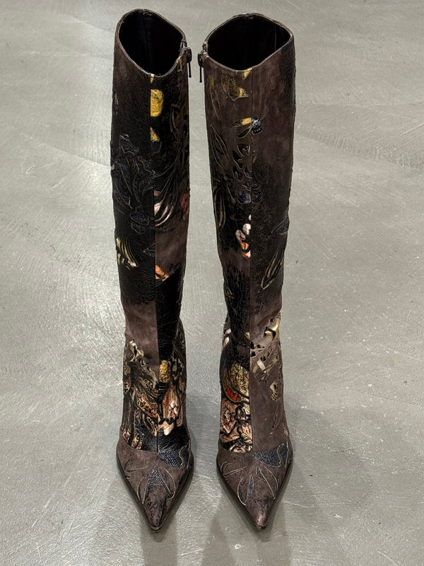 2003 Roberto Cavalli embossed leather appliqué knee-high boots
