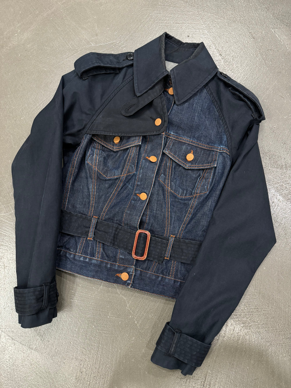 1990s Jean Paul Gaultier hybrid trench coat denim jacket Size: 42