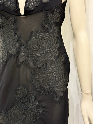 A/W2002 Roberto Cavalli runway leather floral patches sheer dress