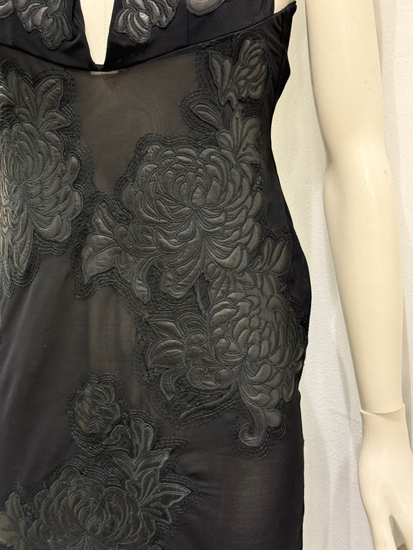 A/W2002 Roberto Cavalli runway leather floral patches sheer dress