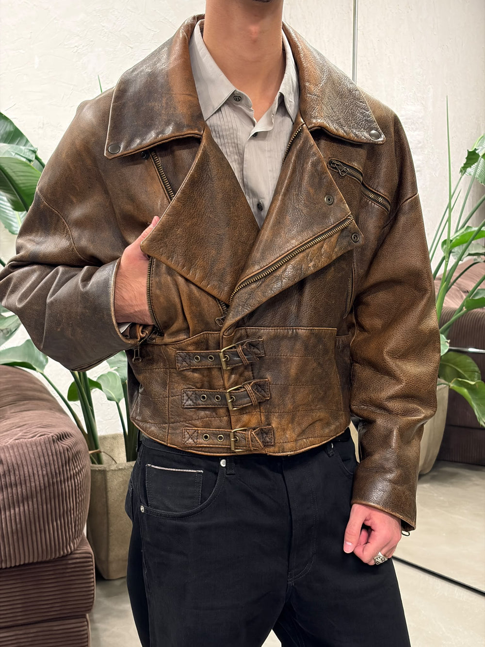 A/W1992 Dolce & Gabbana belted waist cropped aviator leather jacket